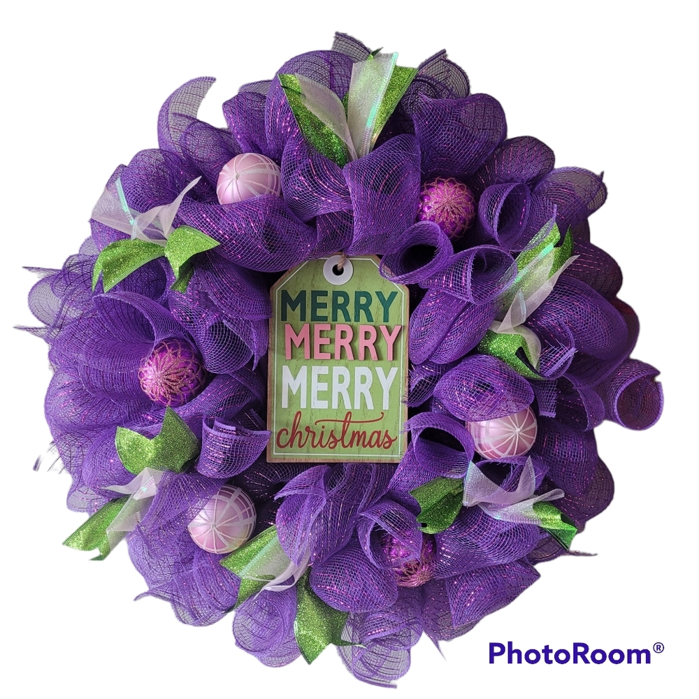Purple, Pink, and Green Christmas Wreath Door Hanger with Ribbons and Merry Sign
